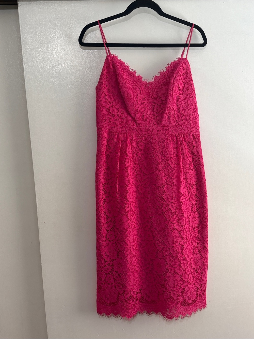J. Crew Vibrant Pink Lace Midi Dress with Spaghetti Straps